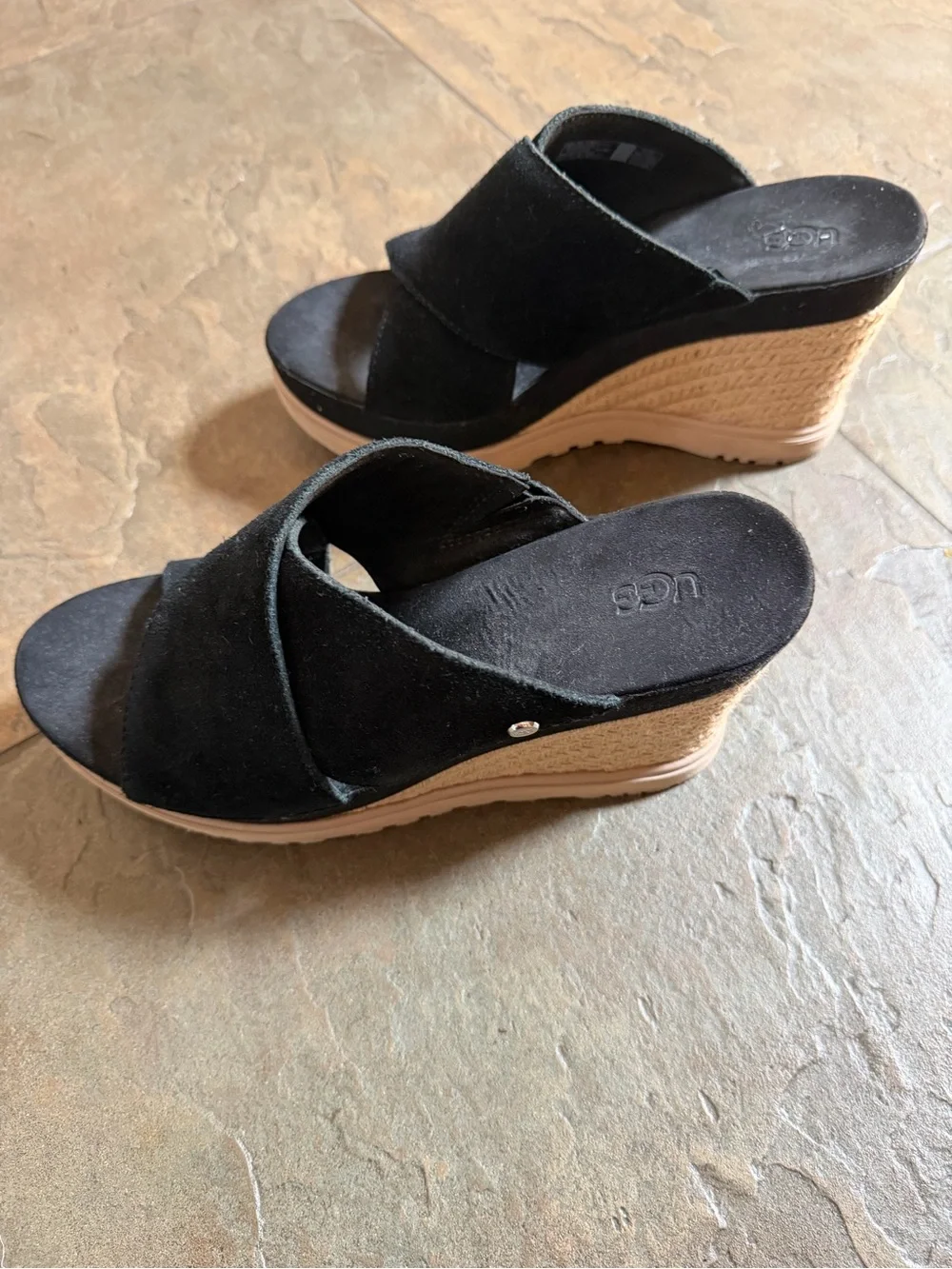UGG Black Suede Braided Espadrille Wedge Sandals